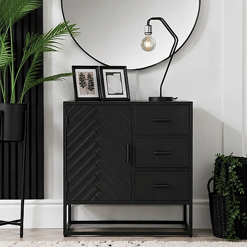 Black Wooden Fishbone Cabinet 1 Door 3 Drawer 