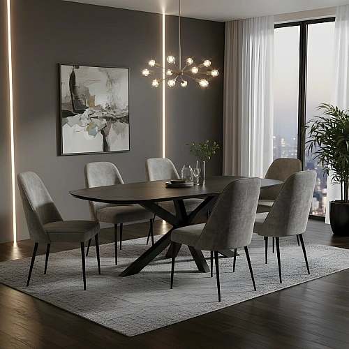 Danish Oval Dining Sandblasted Black Colour With Chairs 