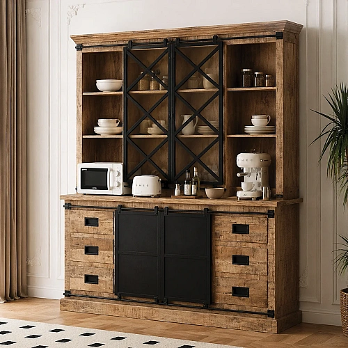 Glass Sliding Door Two Part Buffet Cabinet 