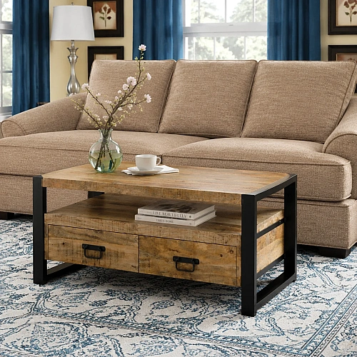 Iron Wooden Coffee Table 2 Drawer 