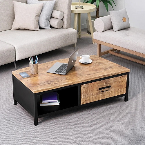Iron Wooden Coffee Table With Drawer 