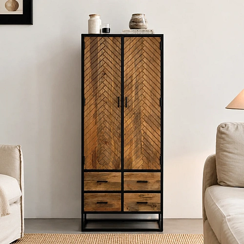 Iron Wooden Fishbone  Storage Cabinet 