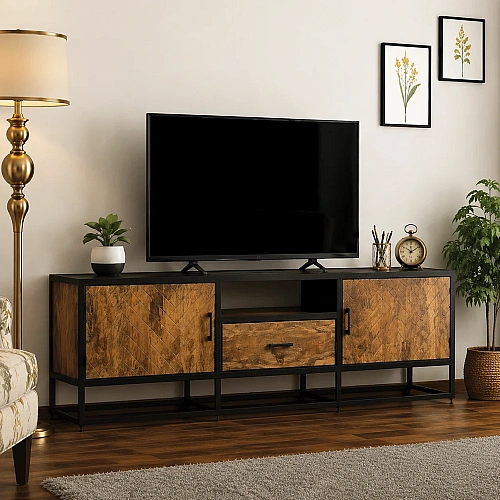 Iron Wooden TV Cabinet 1 Door 2 Drawer 