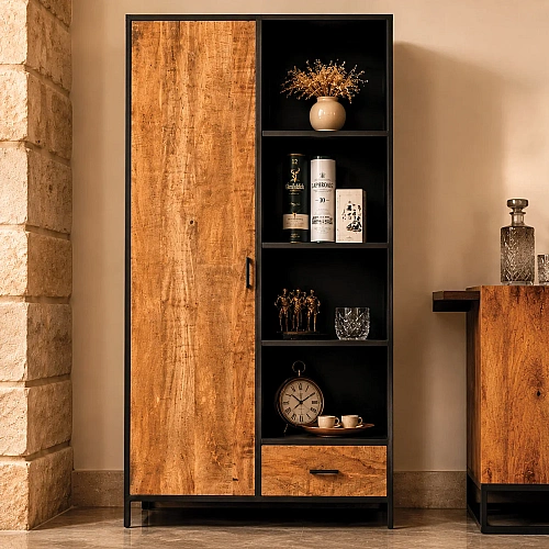 Mango Wood Display Cabinet ( Black And Natural Colour) 
