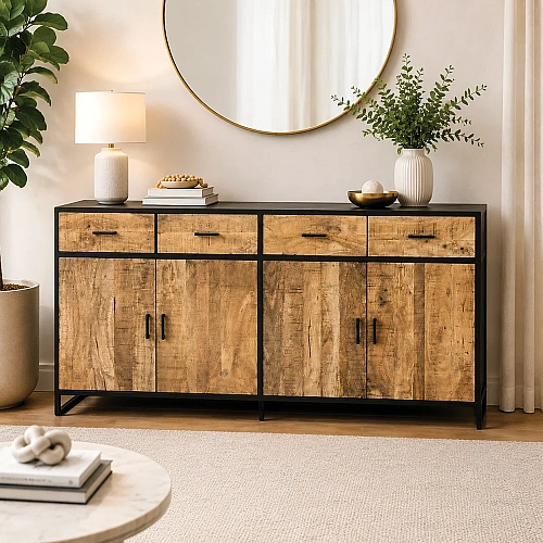 Mango Wood Sideboard 4 Drawer 4 Door ( Black And Natural Colour) 