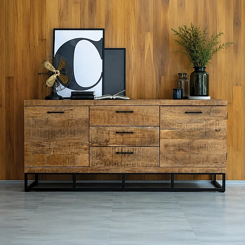 Mango Wood Sideboard Cabinet 2 Door 3 Drawer With Iron Leg 