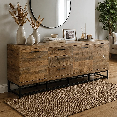 Mango Wood Sideboard Cabinet 3 Door 3 Drawer With Iron Leg 