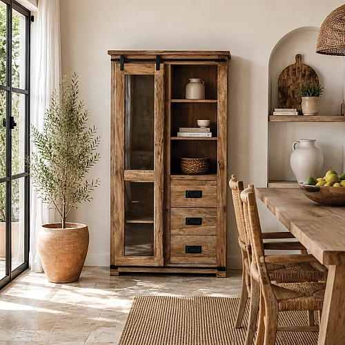 Mango Wood Sliding Door Display Cabinet 