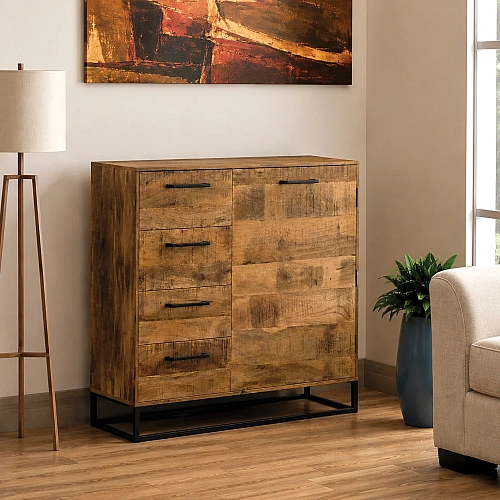 Mango Wood Storage Cabinet 1 Door 4 Drawer With Iron Leg 