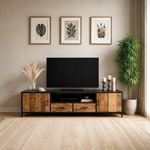 Mango Wood TV Cabinet 2 Door 2 Drawer ( Black And Natural Colour) 