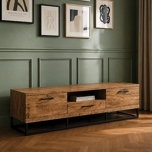 Mango Wood TV Cabinet 3 Door 1 Drawer With Iron Leg 