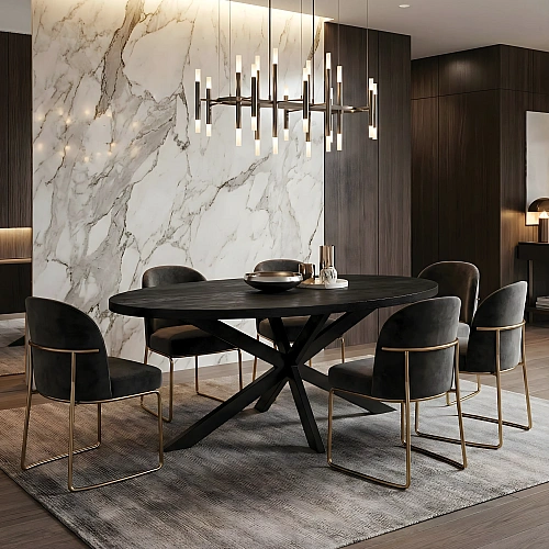 Oval Dining Sandblasted Black Colour With Chairs 