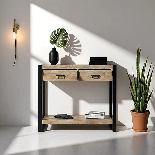Side Table Mango Wood Drawer Open 