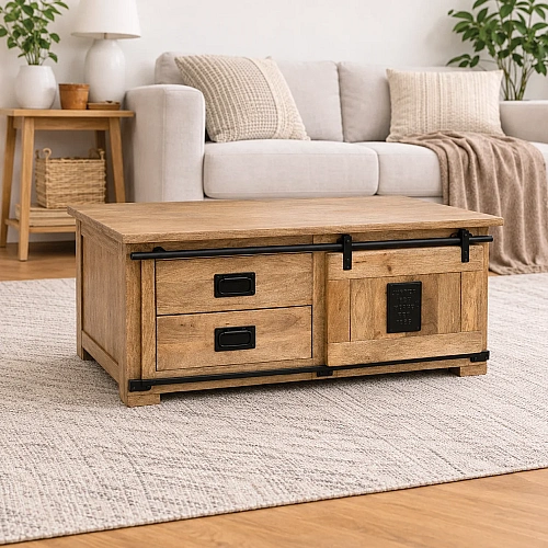 Wooden Sliding Door Coffee Table 2 Drawer 1 Door 