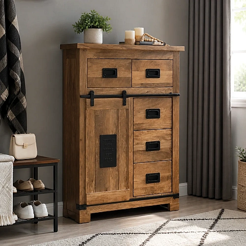 Wooden Sliding Door Storage Cabinet  5 Drawer 1 Door 